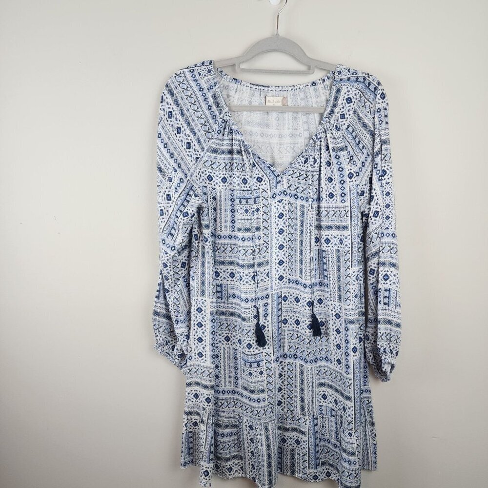 Altar'd State women M boho mini dress / tunic blue white long sleeve